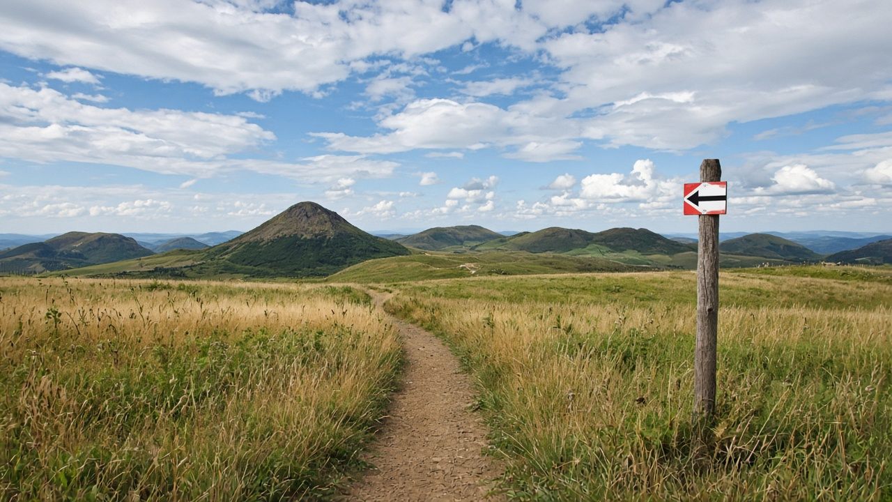 Markierte Wanderroute über offene Hochflächen der Rhön